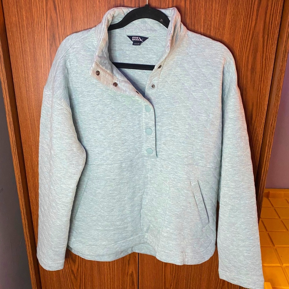 Eddie Bauer Quilted Snap Neck Pullover Womens Medium Light Mint blue green Mock